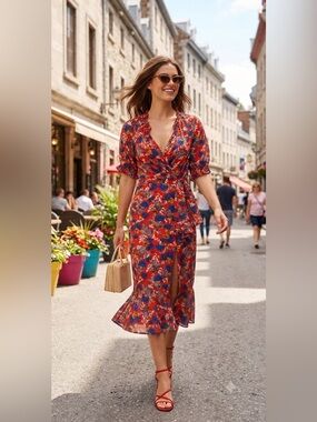 SALONI Red Silk Floral Midi Dress US 4 UK 8 Ruffle Wrap Slit V-Neck Designer